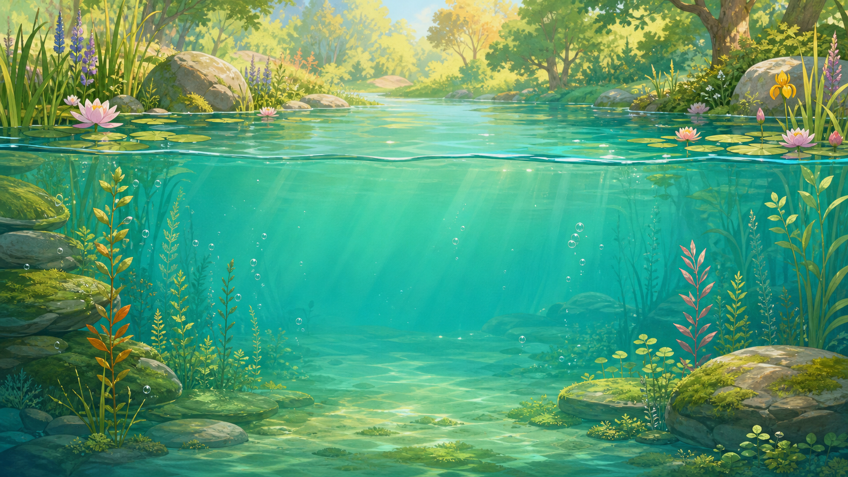 A bright woodland pond above and below the waterline